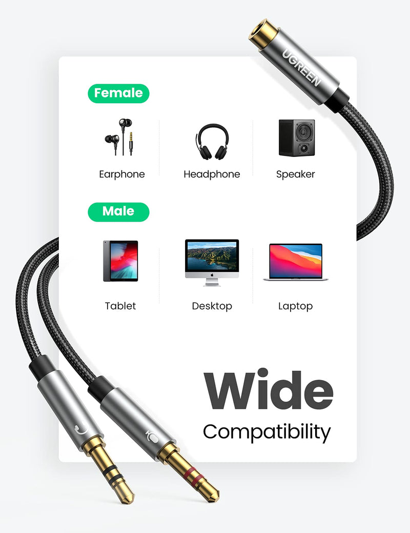 UGREEN Headphone Splitter for Computer 3.5mm Female to 2 Dual 3.5mm Male Headphone Mic Audio Y Splitter Cable Microphone Stereo Jack Earphones Port Cord Gaming Headset to PC Laptop Adapter Black