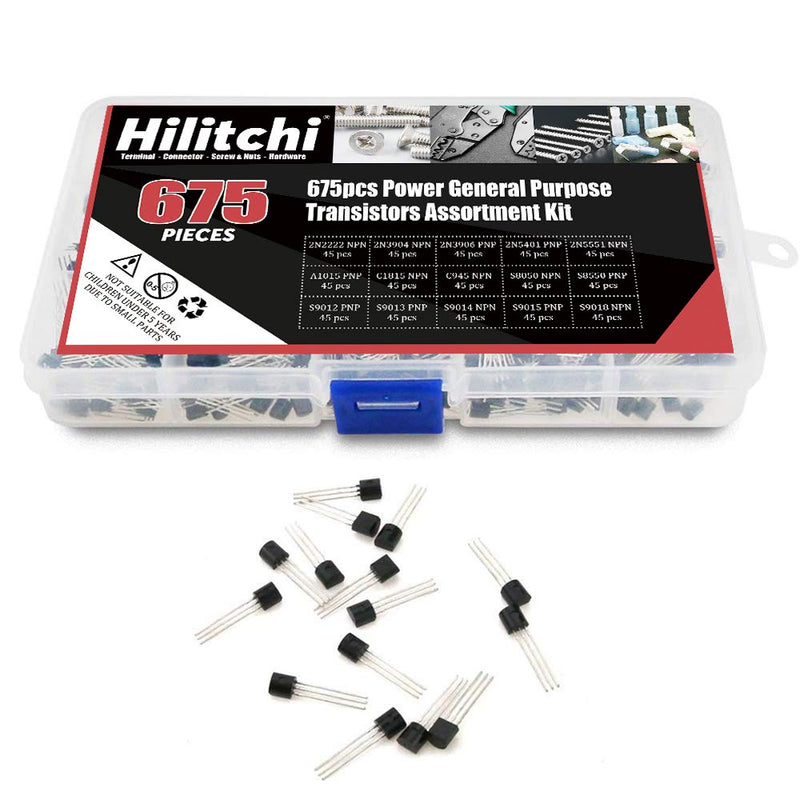 Hilitchi 675-Piece 15 Values 2N2222-S9018 NPN PNP Power General Purpose Transistors Assortment Kit