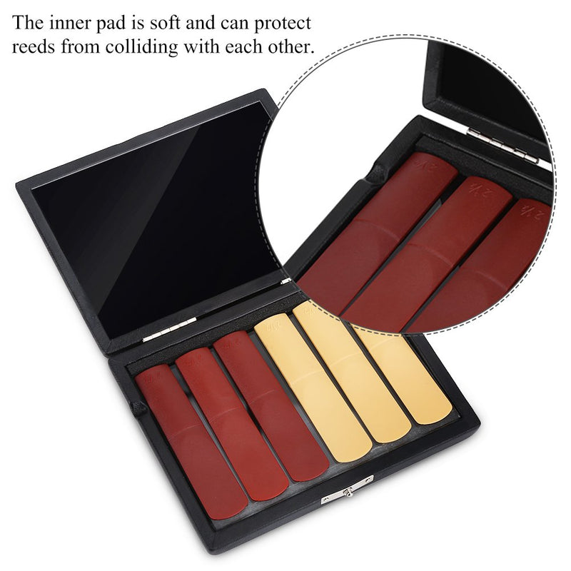 Saxophone Clarinet Reed Case, PU Leather Cover Reed Storage Case Container Box with Slots for 6pcs Reeds
