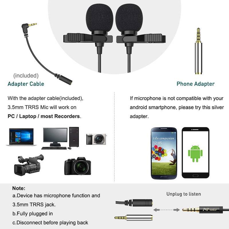 [AUSTRALIA] - Premium 196" Dual-Head Lavalier Microphone, Professional Lapel Clip-on Omnidirectional Condenser Mic for Apple iPhone,Android,PC,Recording YouTube,Interview,Video Conference,Podcast 