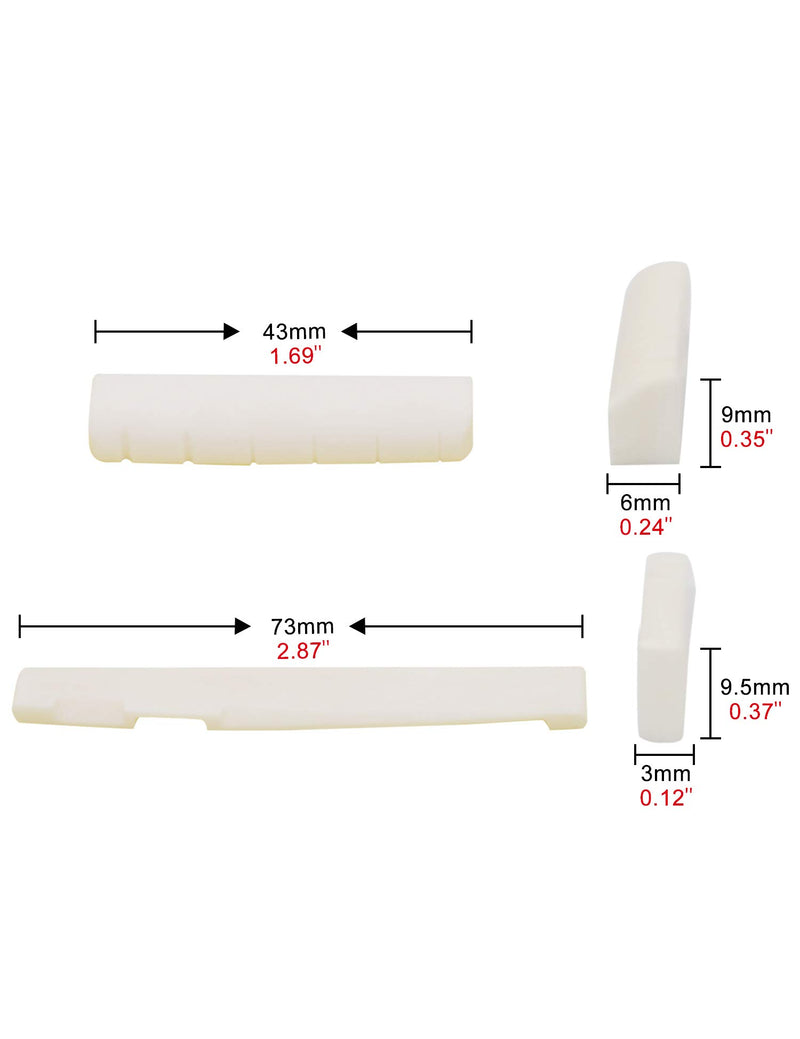 Metallor Bone Bridge Nut and Saddle for Folk Acoustic Guitar Parts Replacement 6 String Pre Slotted White 43 x 9 x 6mm Nut and 73 x 9.5 x 3mm Saddle. Nut: 43×9×6mm+Saddle: 73×9.5×3mm