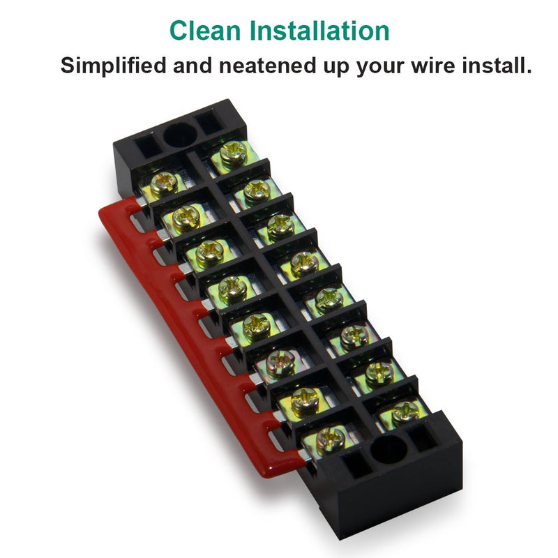 MILAPEAK Terminal Block and Strip - 4 pcs 8 Positions 600V 25A Dual Row Screw Terminals Strip with Cover + 8 pcs 400V 25A 8 Positions Pre-Insulated Terminal Barrier Jumper Strips Black & Red 25A 8P+8pcs Jumpers