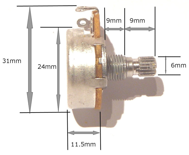 Set of strat guitar potentiometers Tone, Tone, Volume 24mm dia 2x A500K 1x B500K long shaft