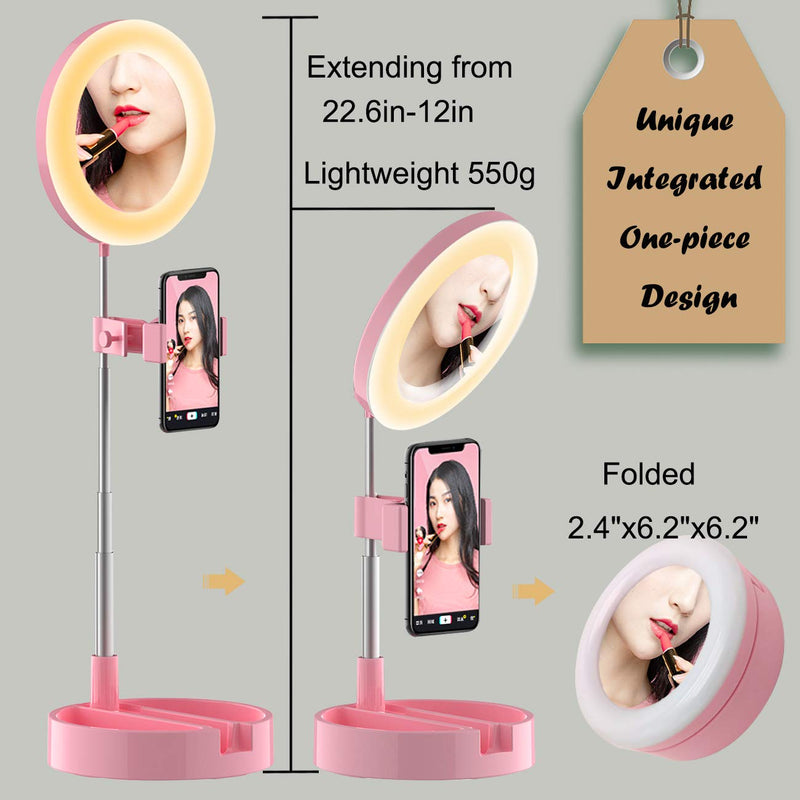 USB 6.3'' Portable Ring Light 3 Color Modes and 10 Brightness Foldable Makeup Light with Mirror, Stand and Phone Holder for Vlogging YouTube Video Shooting Make up (Pink) Pink