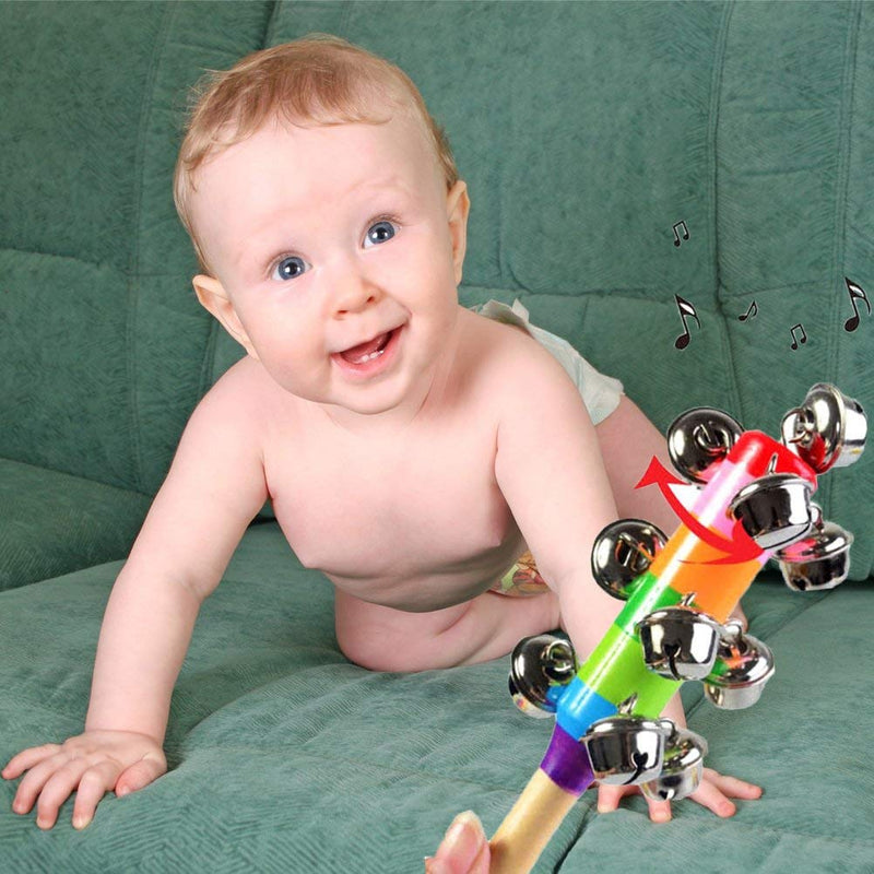 ZEAVOLA 6Pcs Wooden Jingle Hand Bells,Rainbow Handle Wooden Bells Jingle Stick Shaker Rattle Baby Kids Children Musical Toys