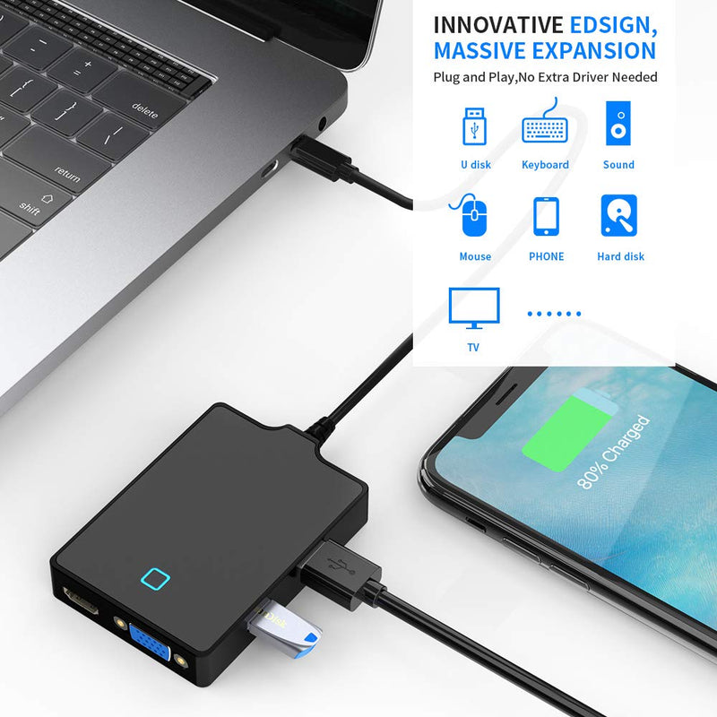 USB C Docking Station, 7-in-1 USB C Hub Adapter with 4K HDMI,VGA, 2 USB3.0 Ports, Type C Data Port, DC5V Power Plug, Audio Interface for Mac Book, Surface pro 7 or Other Type C Devices