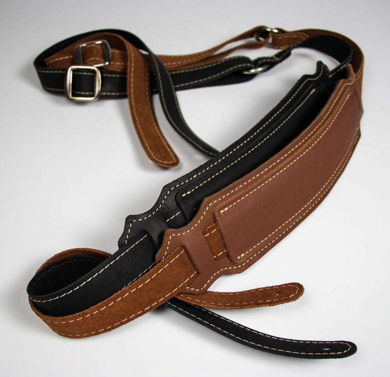 Franklin Strap - Ball Glove Leather Vintage Style Pad - Guitar Strap - Cognac with Natural Stitching