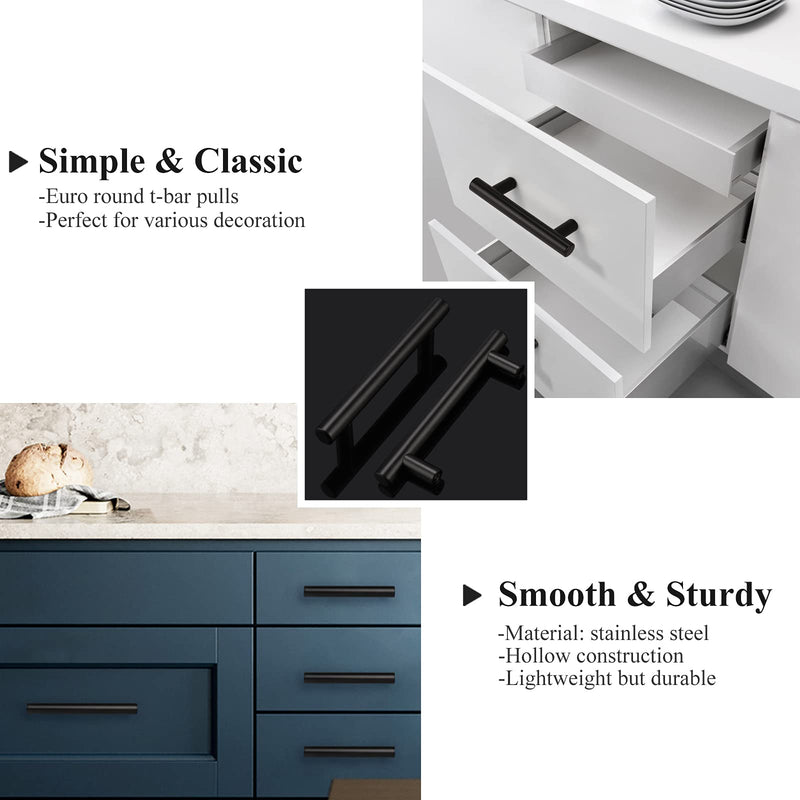Probrico 5 Pack| Flat Black 3 Inch Center-to-Center Bar Cabinet Pull Modern Cabinet Hardware Kitchen Cabinet T Bar Handles Dresser Pulls, 5 Inch Total Length hole center 3"