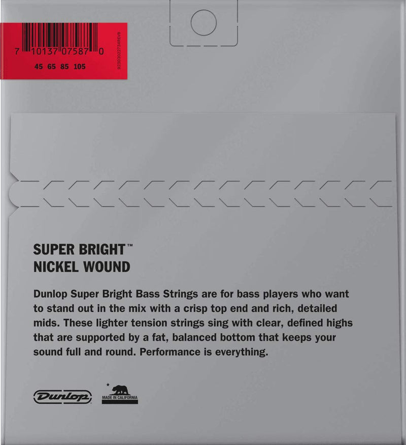 Dunlop DBSBN45105 Super Bright Bass Strings, Nickel Wound, Medium, .045–.105, 4 Strings/Set