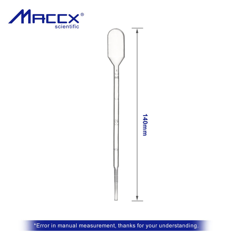 Maccx 100pcs Sterile Transfer Pipettes, Vol. 3ml, 1ml Graduated, 140mm Long, Essential Oils Pipettes, Low-Density Polyethylene Material, Individual Peel-Pack, TPP3140-100 Vol.3ml