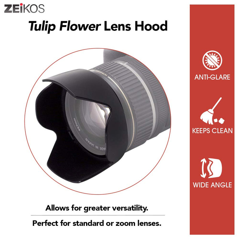 Zeikos 52MM Tulip Flower Lens Hood for Nikon, Canon, Sony, Sigma and Tamron Lenses, Comes with a Miracle Fiber Microfiber Cloth