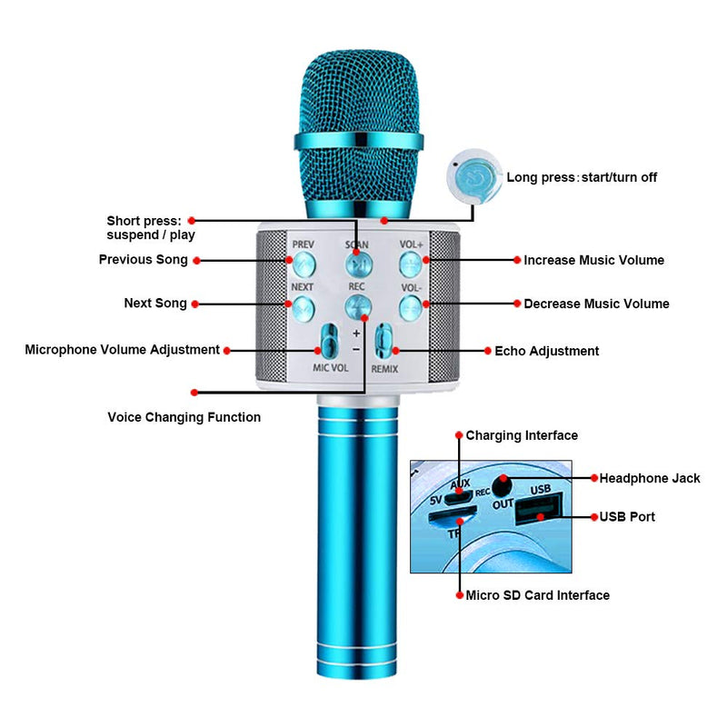 Karaoke Microphone for Kids, Wireless Portable Karaoke Mic for Home Traveling Party,Kids Karaoke Machine KTV Microphone Music Player,Nice Gift for Christmas/Birthday/Mother day(Blue) Blue