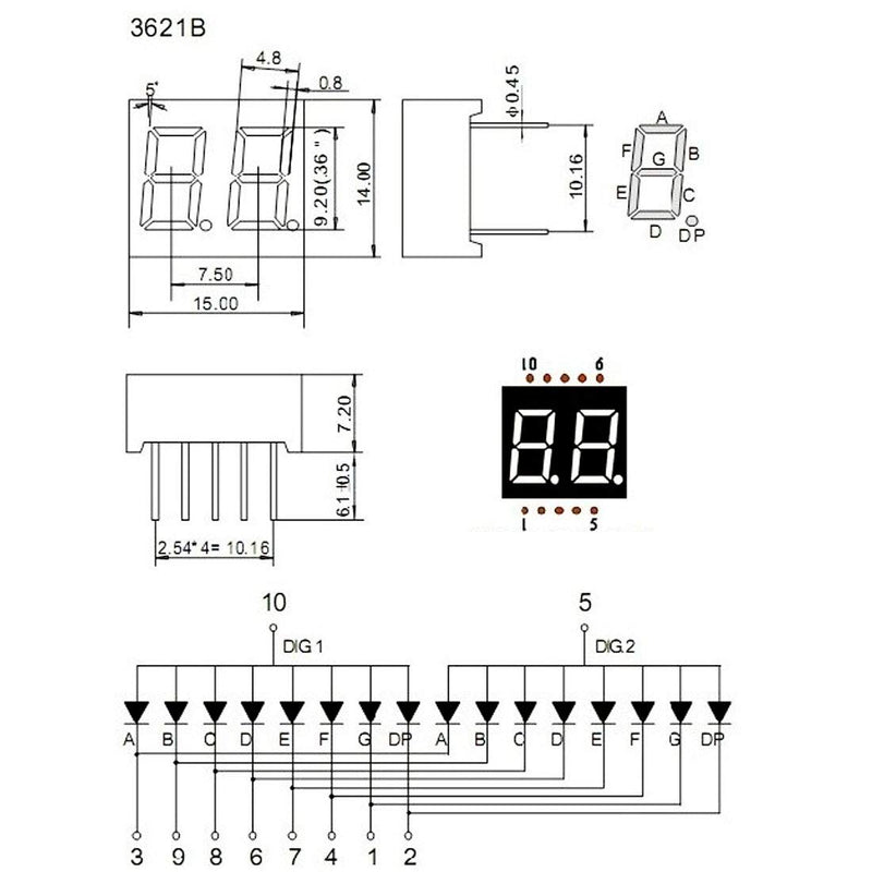 uxcell Common Anode 10 Pin 2 Bit 7 Segment 0.59 x 0.55 x 0.28 Inch 0.35" Red LED Display Digital Tube 10pcs