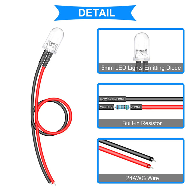 DAOKI 50 Pcs 12V 5mm Pre Wired LED Diodes Assorted Kit White/Red/Green/Blue/Yellow (5 Colors x 10 Pcs) 7.9inch/20cm Transparent Clear Round Lens with 50 Pcs Diode Holder