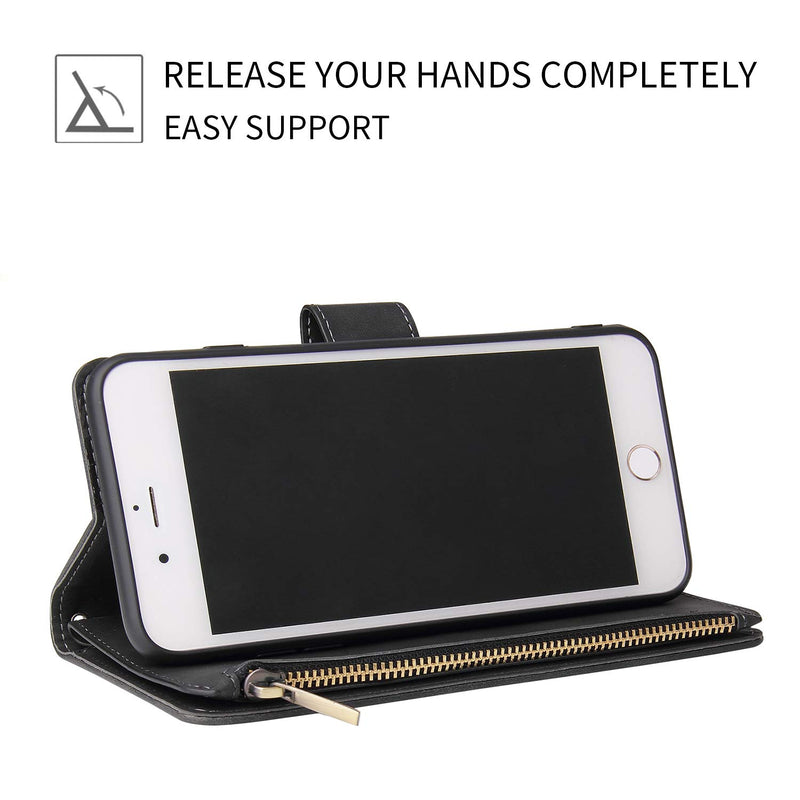 UEEBAI Wallet Case for iPhone SE 2020 iPhone 7 iPhone 8, Premium Vintage PU Leather Magnetic Closure Handbag Zipper Pocket Kickstand Card Holder Slots with Wrist Strap Shockproof Flip Case - Black