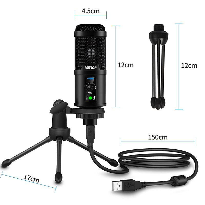 USB Microphone Veetop Metal Computer Condenser PC Mic for Gaming Podcasting Streaming Recording Voiceover YouTube Skype Twitch Zoom Cardioid with Tripod Compatible with Desktop Laptop Windows MacOS