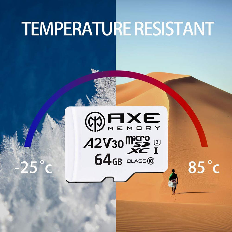 AXE MEMORY 64GB microSDXC Memory Card + SD Adapter with A2 App Performance, V30 UHS-I U3 4K White - A2 Premium Speed 64 GB
