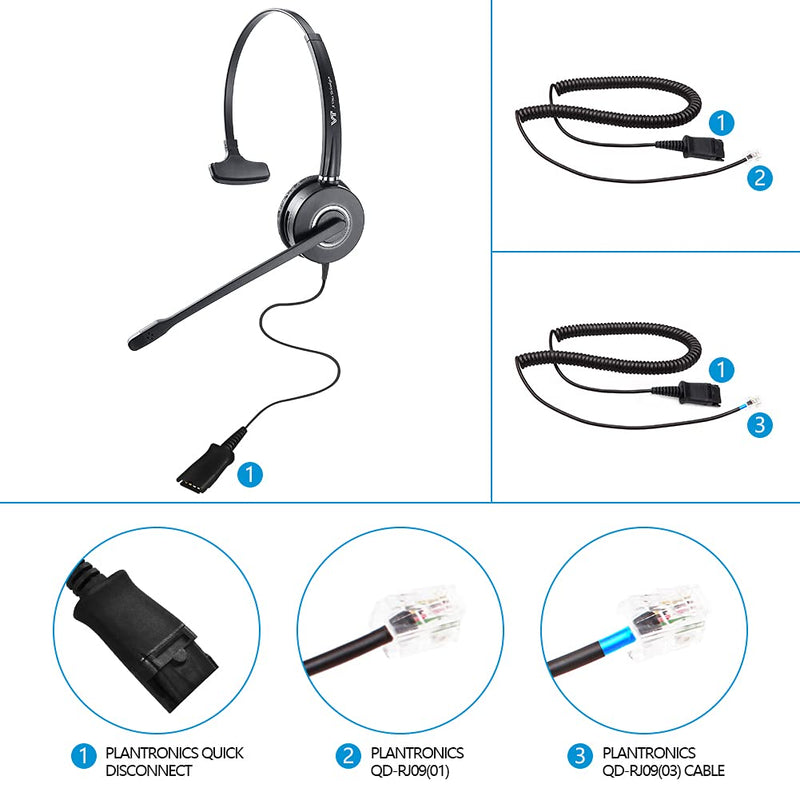 Telephone-Headset Microphone Noise-Cancelling Headphone QD - Quick Disconnect Call Center Headset with RJ09 Cables Compatible with Polycom,Yealink,Grandstream,Snom,Fanvil,Aastra,Mitel,Digium Phones
