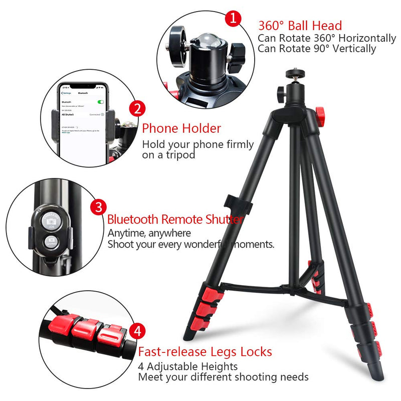 Phone Tripod, SLFC Camera Tripod, Portable Travel Tripod, Video Tripod for Phone/Camera/GoPro, 4 Adjustable Heights, Bluetooth Remote Shutter, Great for Photography/Video Recording/YouTube Live/Vlog