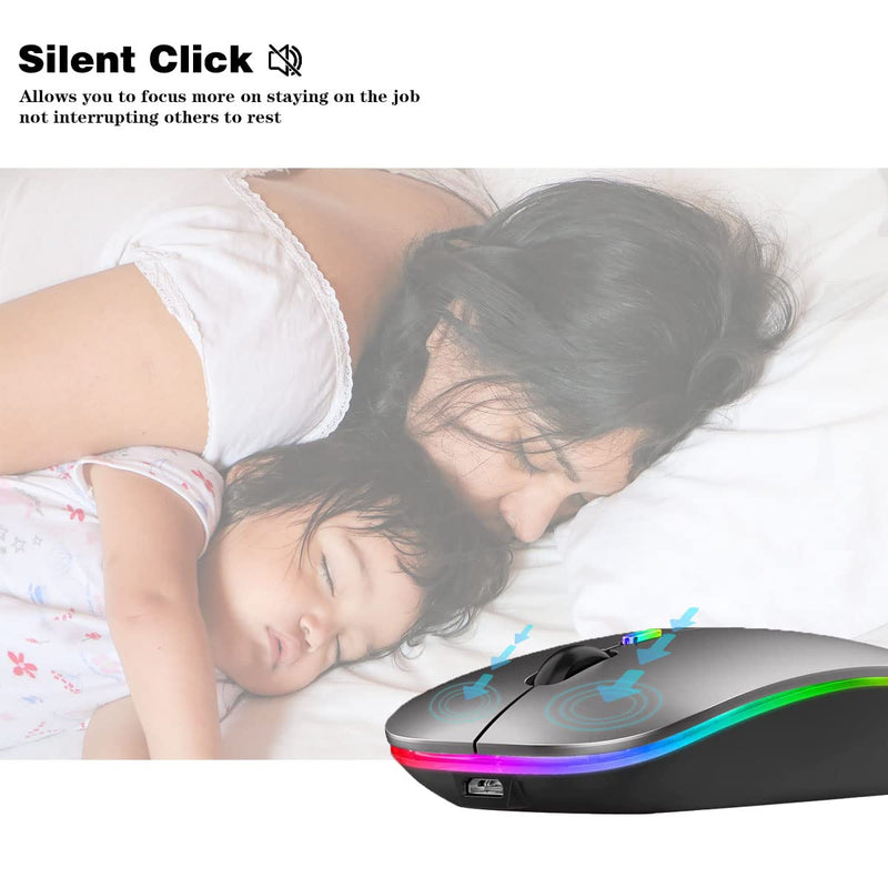 Wireless Bluetooth Mouse,LED Rechargeable Slim Silent Laptop Mouse,Portable(BT5.2+USB Receiver)Dual Mode Computer Mice,Quick Precise Responsiveness Control Laptop,Desktop Computer,Tablet,phone.(Grey) Grey