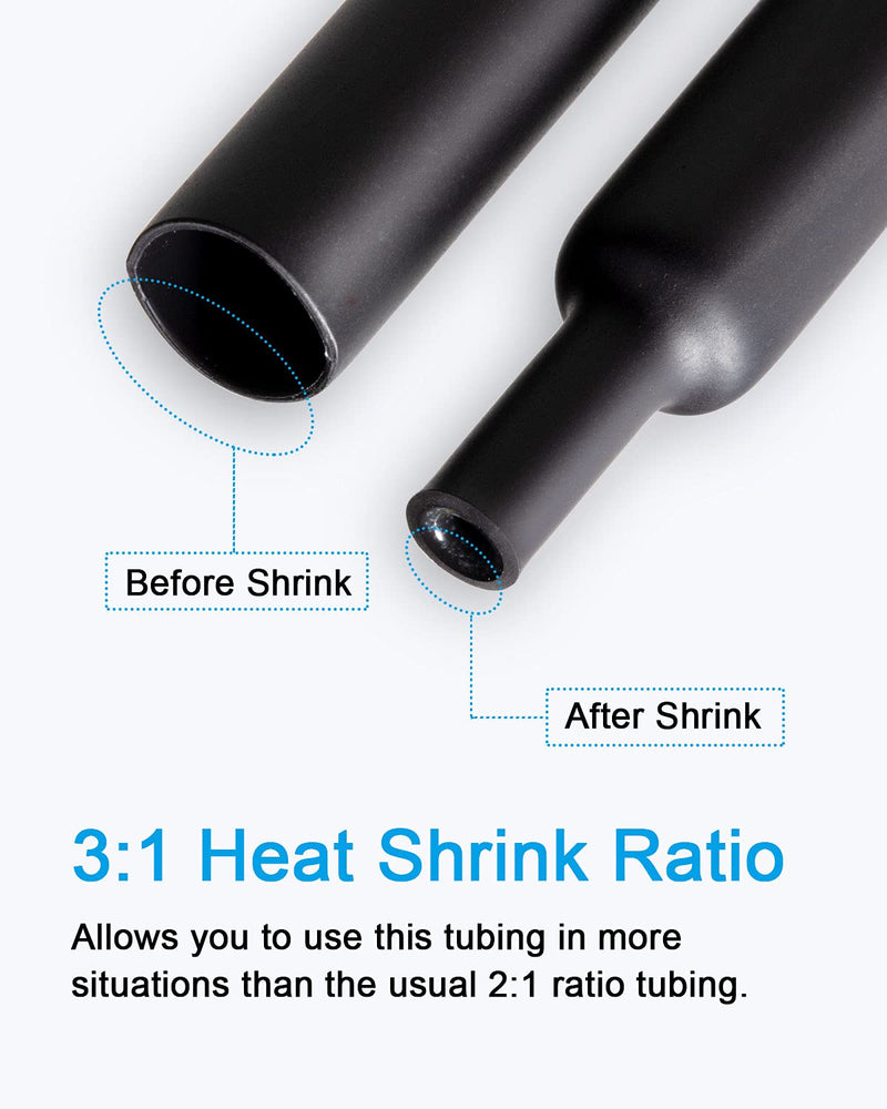 130pcs 3:1 Dual Wall Adhesive Heat Shrink Tubing Kit, 6 Sizes (Diameter): 1/2, 3/8, 1/4, 3/16, 1/8, 3/32 inch, Premium Wire Cable Sleeve Tube Assortment with Storage Case for DIY by MILAPEAK (Black)