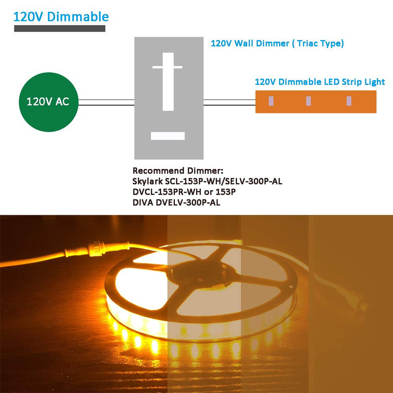 [AUSTRALIA] - Dimmable LED Strip Lights 120V 2000K Amber Light Color IP65, Dimming by Triac Dimmer Switch, Work with Smart Plug, No Need LED Driver Converter, 16.4ft Flexible LED Rope Light Under Cabinet Light 