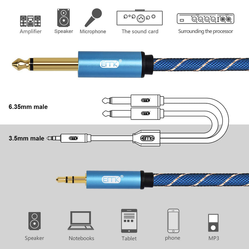 EMK 3.5mm 1/8" TRS to Dual 6.35mm 1/4" TS Mono Stereo Y-Cable Splitter Cord for iPhone, iPod, Computer Sound Cards, Mixer Audio Recorder,CD Players,Multimedia Speakers and Home Stereo Systems-6.6ft/2m 6.6Ft/2Meters