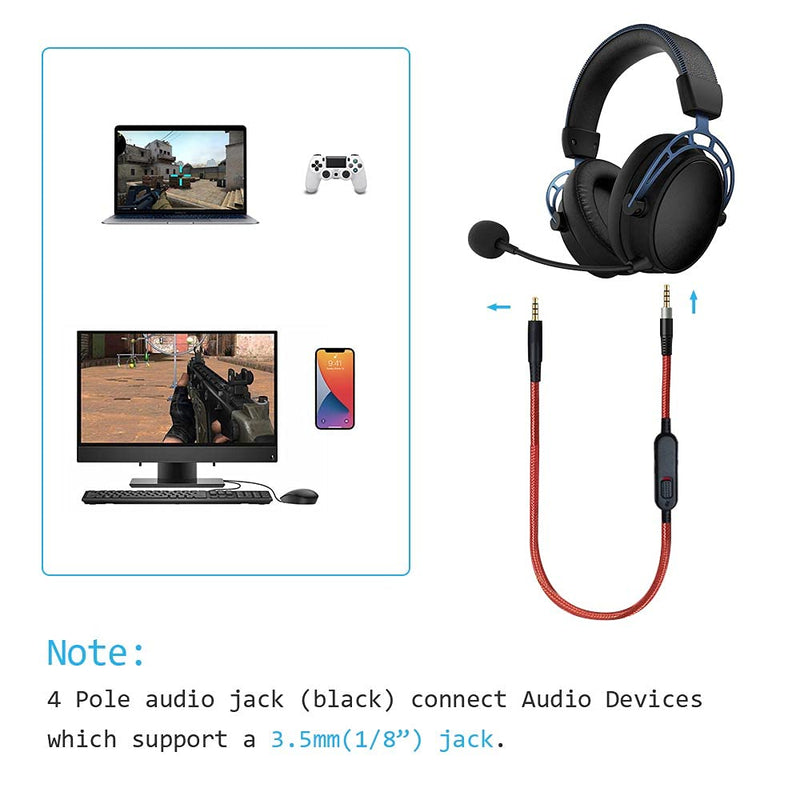 MJKOR Replacement Audio AUX Cable Compatible with HyperX Cloud Mix and Cloud Alpha Gaming Headset, Inline Mute and Volume Control(No Inline Mic, Red) 6.56FT(2M)