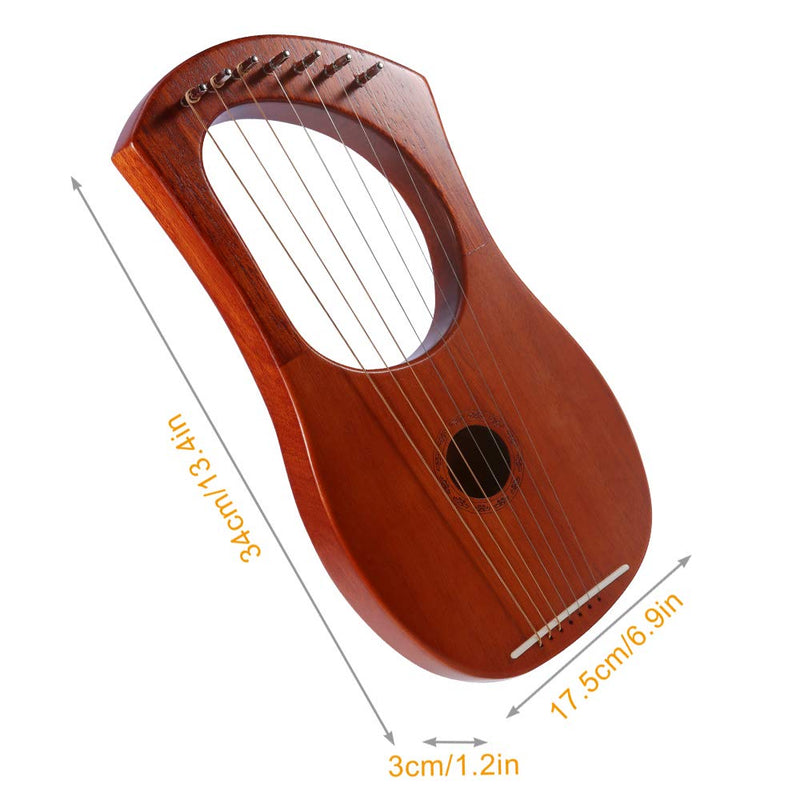ammoon Lyre Harp 7 Metal Steel String Lyre Piano Mahogany Plywood Body String Instrument with Tuning Wrench and Black Gig Bag - Reddish Brown