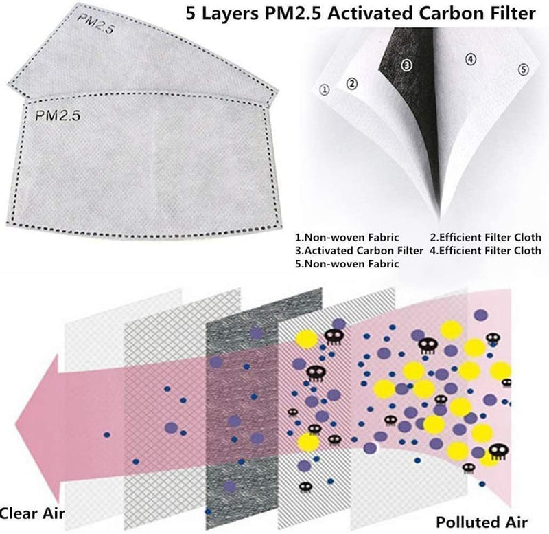 PM2.5 Activated Carbon Filter 5 Layers Replaceable Anti Haze Filter Paper for Adults Men and Women (10 PCS) 10 Pcs