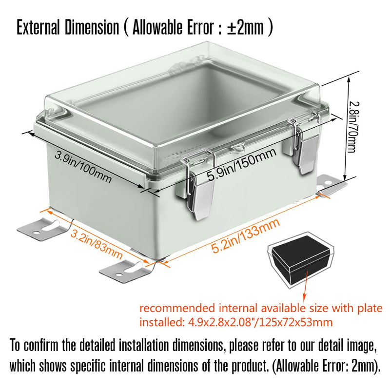 LeMotech ABS Junction Box Hinged Clear Cover Stainless Steel Latch IP67 Waterproof Enclosure with Mounting Plate Wall Bracket for Electrical Project 5.9x3.9x2.8 inch (150x100x70mm) 5.9"x3.9"x2.8" Clear Cover