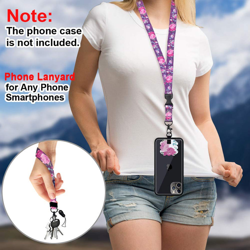 Phone Lanyard, MYECOGO Wrist Lanyard Tether Key Chain Holder and Adjustable Nylon Universal Cell Phone Neck Lanyard Strap for iPhone Phone Case Anchor Fit All Smartphones Keys ID ,Black Purple Flower