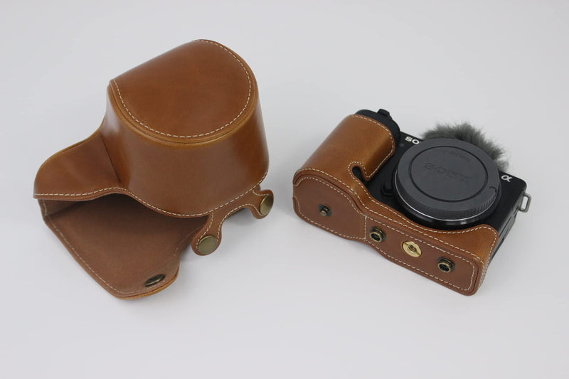 ZV-E10 Case, BolinUS Handmade PU Leather FullBody Camera Case Bag Cover for Sony ZV-E10 ZVE10 with 16-50mm lens Bottom Opening Version + Neck Strap + Mini Storage Bag (Brown) Brown