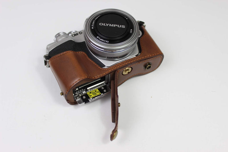 Bottom Opening Version for Olympus OM-D E-M10 Mark IV Full Protection PU Leather Camera Case Bag with Shoulder Strap Dark Brown