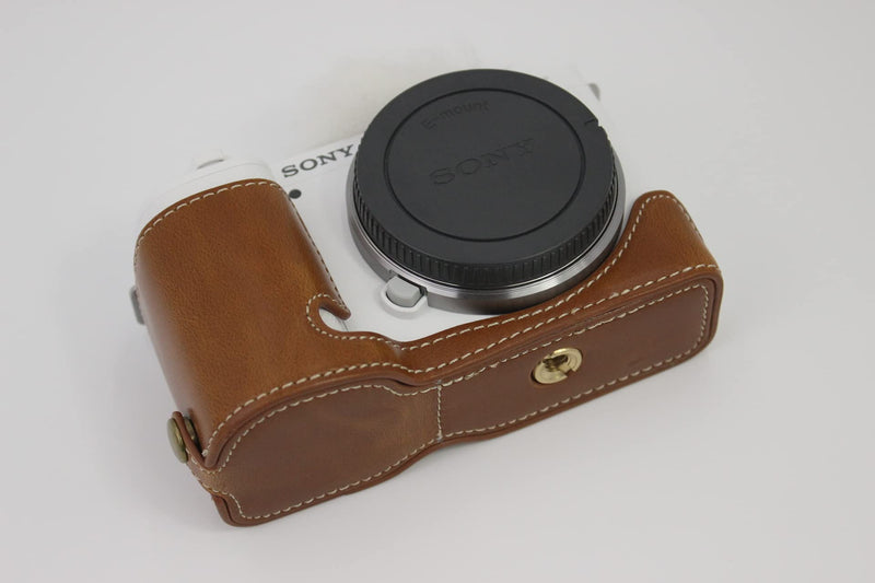 ZV-E10 Case, BolinUS Handmade PU Leather FullBody Camera Case Bag Cover for Sony ZV-E10 ZVE10 with 16-50mm lens Bottom Opening Version + Neck Strap + Mini Storage Bag (Brown) Brown