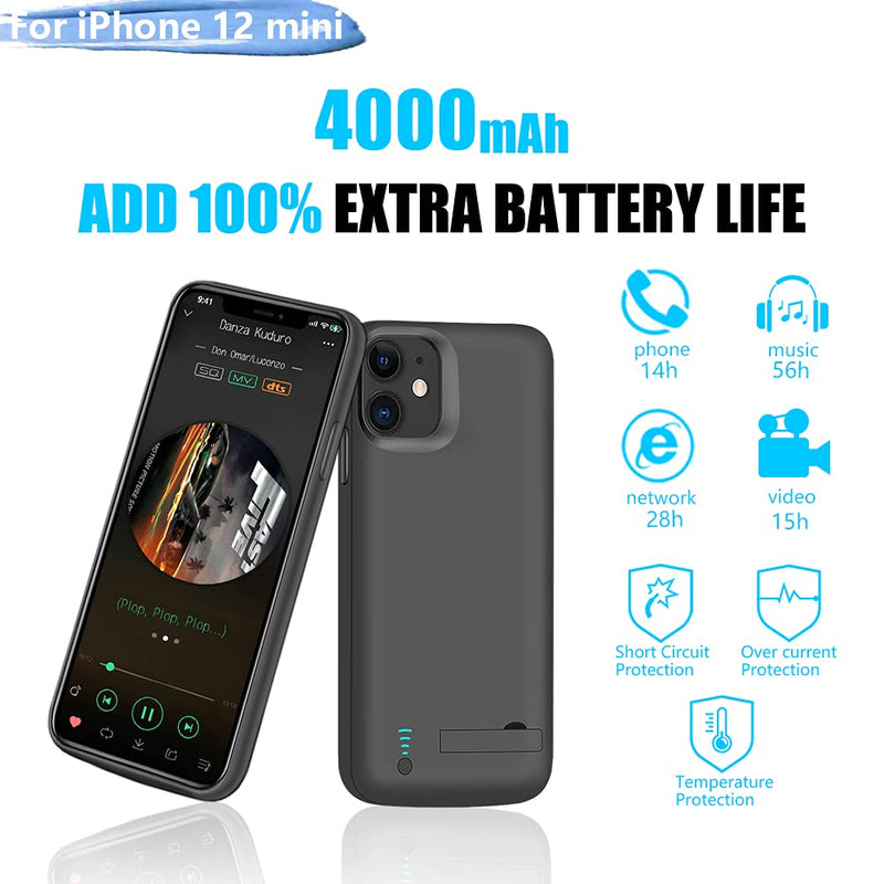 RUNSY Battery Case for iPhone 12 Mini, 4000mAh Rechargeable Extended Battery Charging/Charger Case, Add 100% Extra Juice, Support Wire Headphones (5.4 inch)