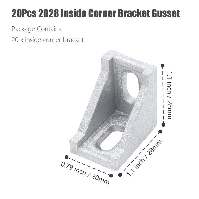 Qjaiune 20Pcs 2028 Inside Corner Bracket Gusset, Silver 20x28 Aluminum Extrusion Brackets, Aluminum L Bracket Connector for 2020 Series Aluminum Extrusion Profile with Slot 6mm 2028 Seriess, Bracket Only