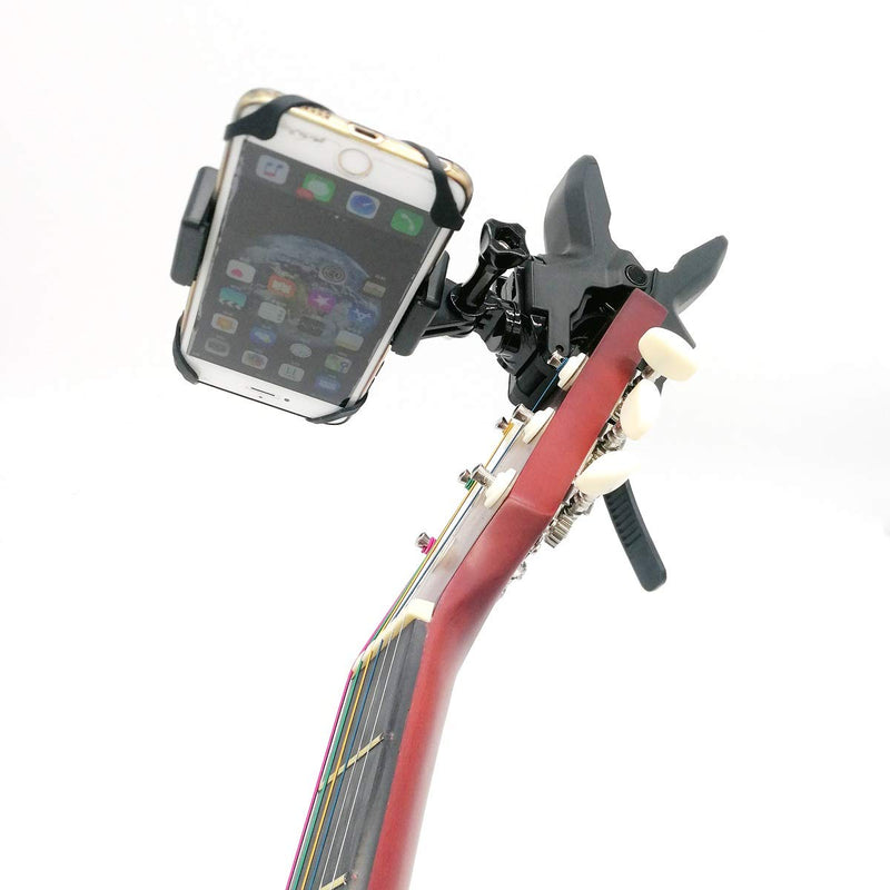 Combo Camera and Cell Phone Music Mount - Ukelele Guitar Headstock Mobile Phone Clamp Clip Mount for Smartphones and Gopro Action Cameras ~ Close Up Home Recording - Work for Any Microphone Stands