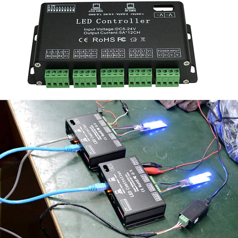 DMX 512 Decoder, Dimming Driver DMX512 Controller for LED RGB Tape Strip Light RJ45 Connection DC5-24V 5A/CH (12 Channel) 12 Channel