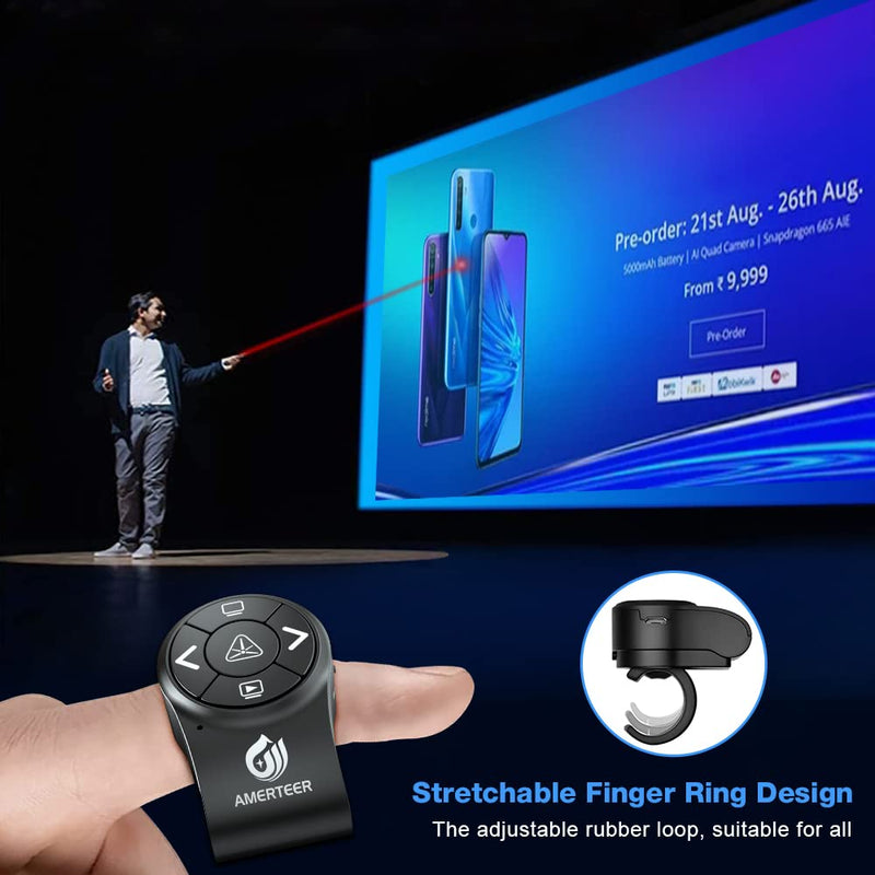 AMERTEER Bluetooth Wireless Presenter, RF 2.4GHz Presentation Clicker, Finger Ring Remote PowerPoint PPT Slides Rechargeable BT