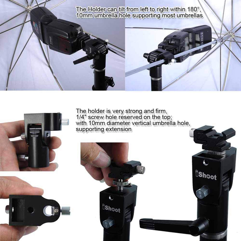 Universal 3-in-1 Tri-Hot Shoe Mount Flash Bracket Holder with 2 Umbrella Hole for Light Stand Camera Tripod Reflective Umbrella Studio Flash Soft Box Speedlite Diffuser