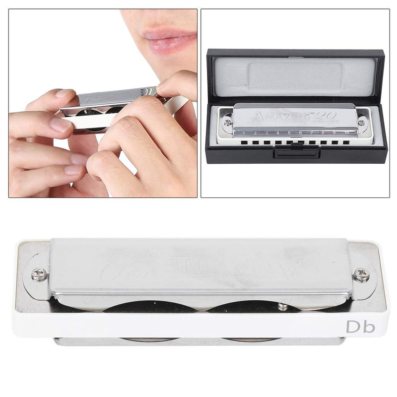 Harmonica Key of Db 10 Holes Blues Harmonica Mouth Organ for Professional Player, Beginner, Students, Kids (White) White