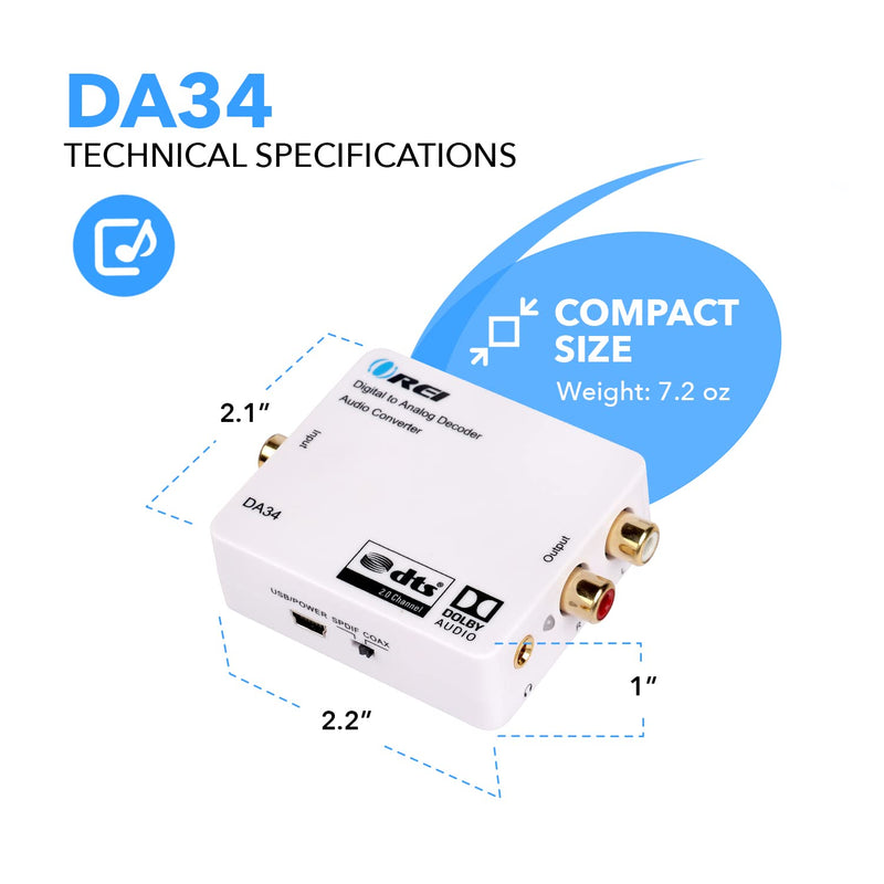 Digital to Analog Audio Decoder by OREI, Convert Decode Dolby Digital Audio SPDIF/Coaxial 5.1-Channel Input to RCA L/R/3.5mm Headphone Output Converter - DA34