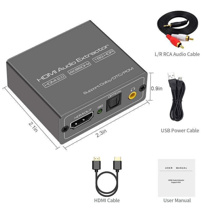 4K 60Hz HDMI Audio Extractor Splitter Converter, HDMI to HDMI +Optical +3.5mm AUX Audio Adapter Supports HDMI 2.0,18Gpbs Bandwidth,Dolby Digital/DTS,PCM HDR10