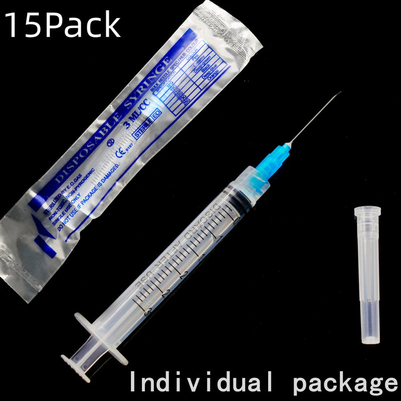 15Pack 3ml/cc Plastic Measurement Syringes and 23Ga for Scientific Labs, Industrial Adhesives, Pet and Animal Injector, Individually Package 3ml-23Ga