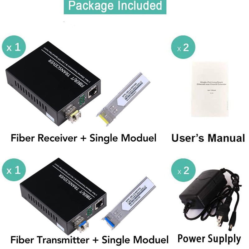 A Pair of 1.25G/s Bidi Gigabit Single-Mode Fiber Ethernet Media Converter with 2PCS Bidi SFP LC Transceiver Module Included, 10/100/1000Base-Tx to 1000Base-SX SMF RJ45 to SFP Slot up to 30KM Include SingleMode LC Single Core Port