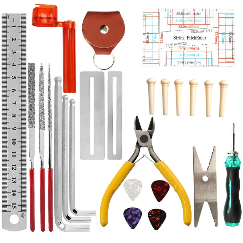 FOVERN1 26 PCS Guitar Repairing Tool Kit, Including Wire Plier, String Organizer, Fingerboard Protector, Hex Wrenches, String Action Ruler, Spanner Wrench, Bridge Pins for Guitar Ukulele Bass Mandol