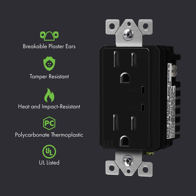 TOPGREENER Surge Protector Receptacle with Grounding Indicator, Child Safe, Tamper-Resistant, Self-Grounding, 900 Joules, 2-Pole, 15A 125V, UL Listed, TGTRSS215R-BK, Black 15 Amp Black