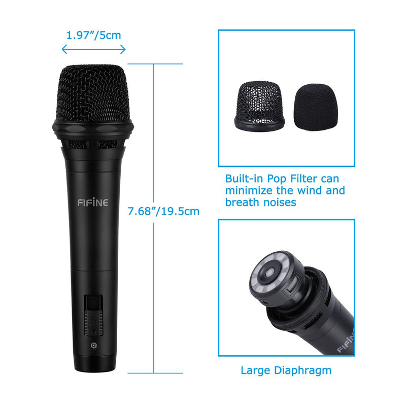 FIFINE Dynamic Vocal Microphone Unidirectional Cardioid Handheld Microphone with On and Off Switch for Karaoke, Live Performance, Speech etc Includes 19ft 3-pin XLR Female to Quarter Inch Cable-K8