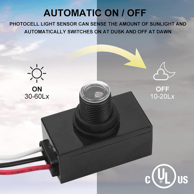 HGG 4Pcs Outdoor Photocell Light Sensor,Dusk to Dawn Photo Control Sensor,Auto on Off Hard-Wired Post Eye Light Control,Photoelectric Switch Sensor for Lighting Fixtures Black